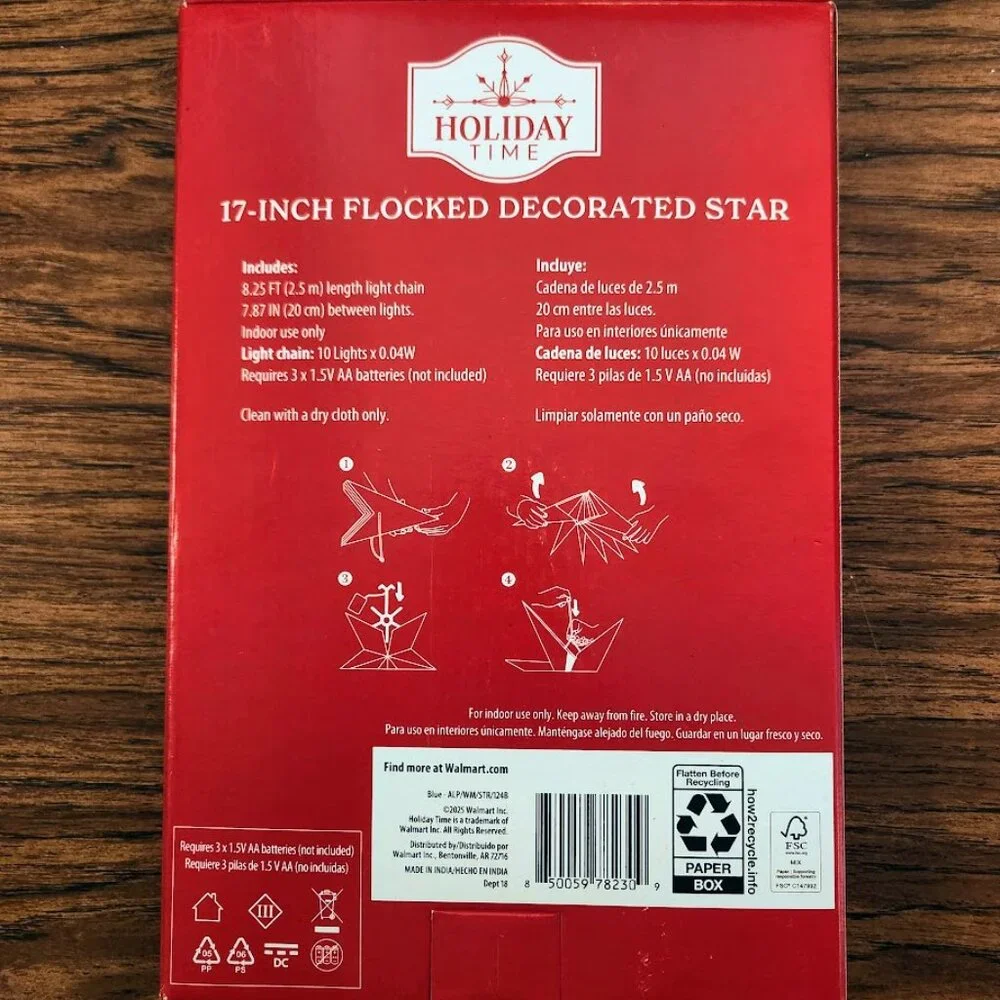 NEW Light Up Battery Operated Flocked Star Christmas Hanging Decoration Decor Ho